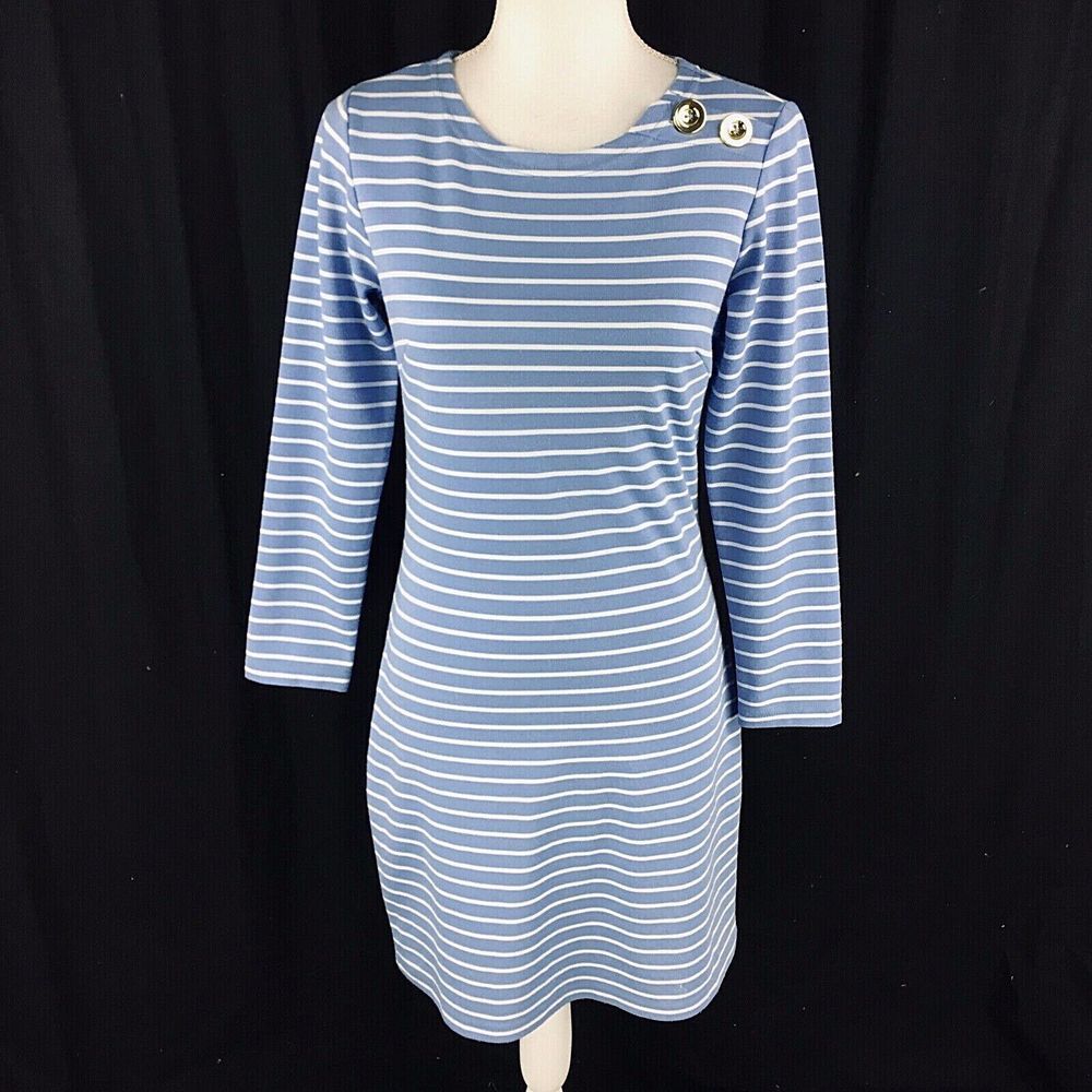 Sail to Sable Womens Sheath Tunic Dress Size XS Blue 3/4 Sleeve Gold Button